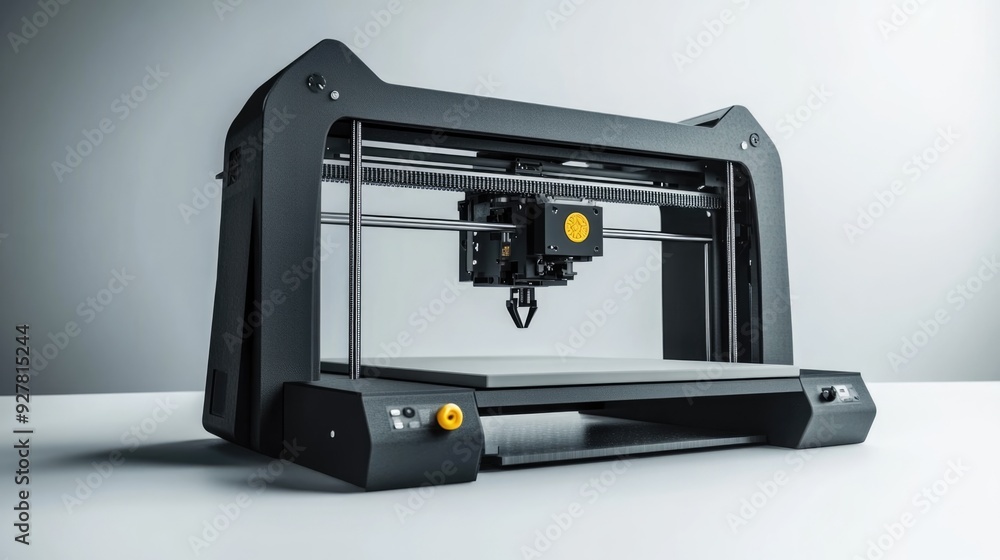 Fototapeta premium Black 3D Printer with Yellow Button on White Background