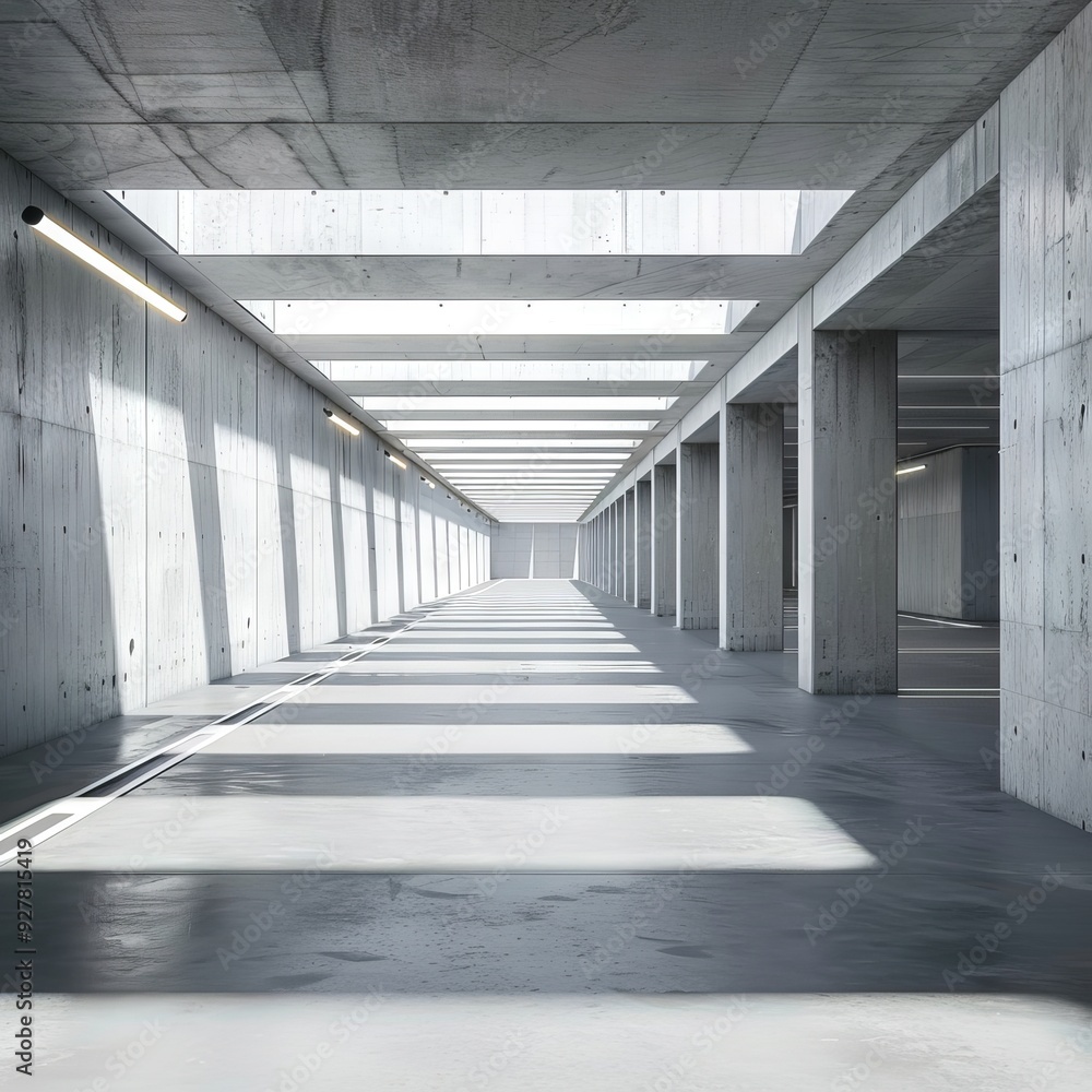 Empty underground parking background in modern building with concrete white walls with sunlight going through ceiling skylight portal, Template 3d rendering. Generative ai Empty underground parking background in modern building with concrete white walls with sunlight going through ceiling skylight portal, Template 3d rendering. Generative ai