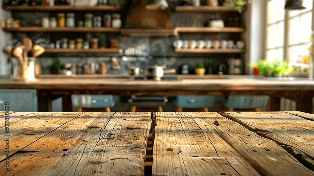 A weathered wooden table with character, placed against the gentle blur of a kitchen featuring rustic décor and a large, welcoming island A weathered wooden table with character, placed against the gentle blur of a kitchen featuring rustic décor and a large, welcoming island