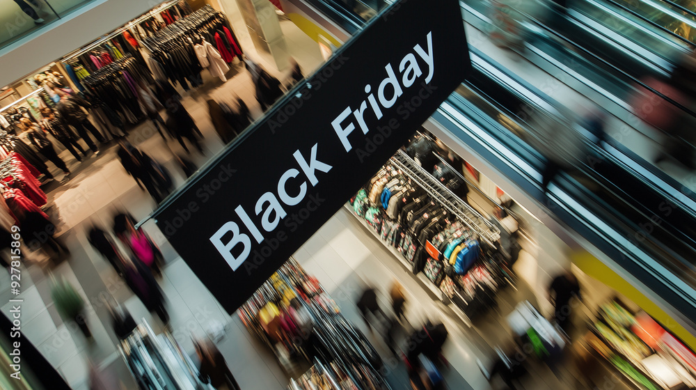 Obraz premium A dynamic Black Friday banner overlooks a bustling shopping mall as shoppers eagerly explore discounts and deals. Highlighting the excitement and energy of this major retail event.