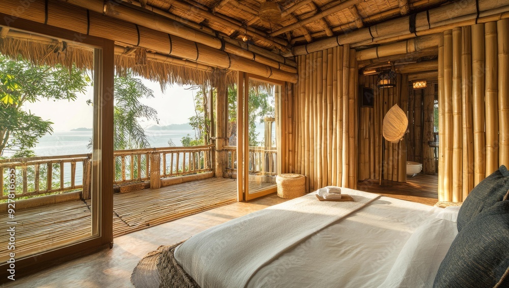 A bamboo hut with a bed overlooking the ocean. A bamboo hut with a bed overlooking the ocean.