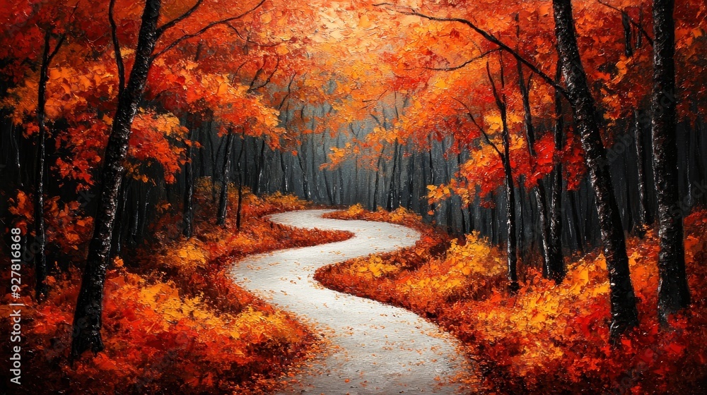 Naklejka premium Beautiful Winding Pathway Through Autumn Forest with Lush Red and Orange Foliage Creating a Serene and Picturesque Scenic Landscape
