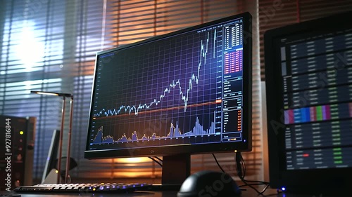 A high-resolution monitor in an office displaying a line graph with a steady upward trajectory, representing financial security and market stability photo