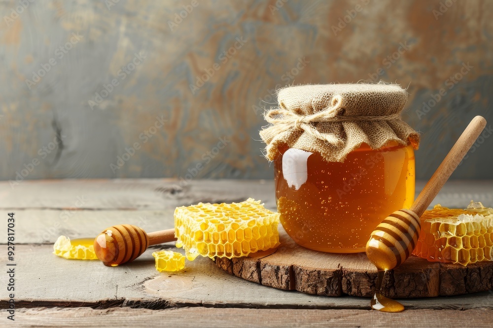Naklejka premium Jar of Honey with Fresh Natural Bee Hive Comb on Wooden Table.