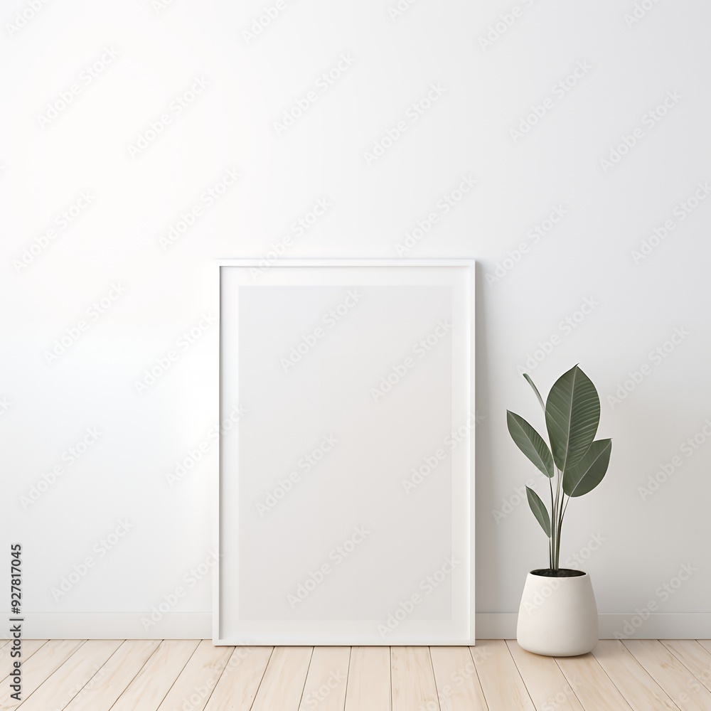 White wall with a blank frame, a potted plant and a light wooden floor. White wall with a blank frame, a potted plant and a light wooden floor.