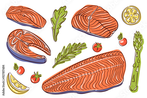 Line art style set featuring various cuts of salmon, with lemon slices, asparagus, tomatoes and herbs. Vibrant design of fresh and appeal of seafood. Vector illustration isolated on white background.