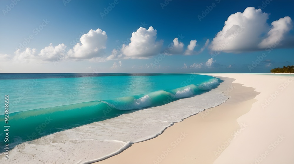 Obraz premium A serene beach scene featuring a blue ocean, white sand, and a sky dotted with fluffy clouds.