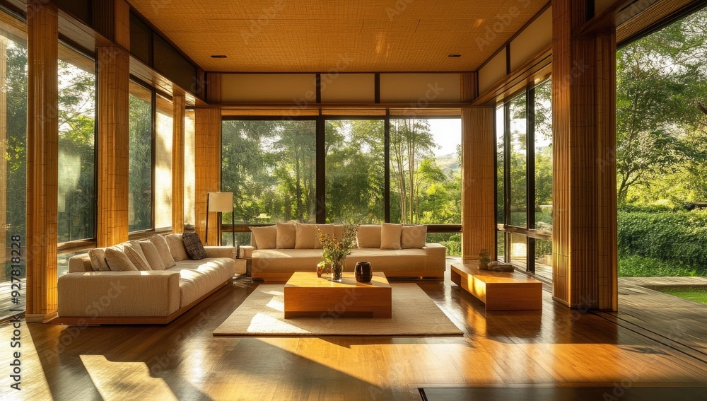 Modern living room with wooden floors and large windows. Modern living room with wooden floors and large windows.
