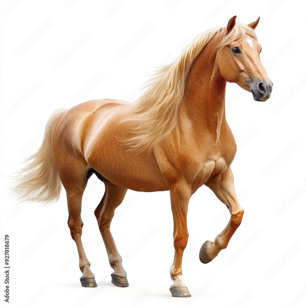 Obraz premium A Light Palomino Horse with a Long Flowing Mane and Tail Standing Against a White Background
