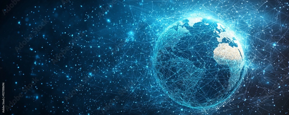 Digital wireframe globe with blue interconnected dots and futuristic network Digital wireframe globe with blue interconnected dots and futuristic network