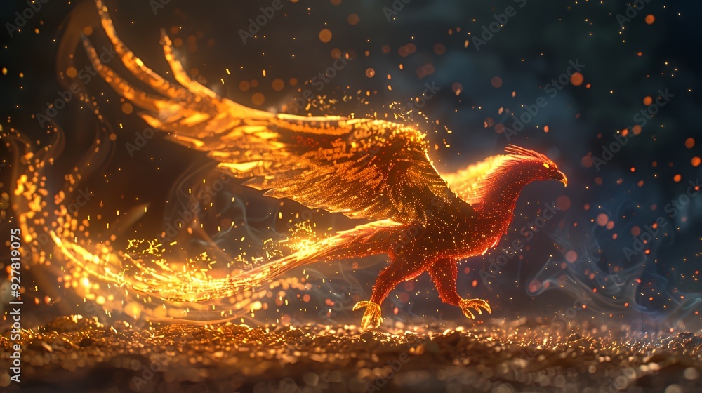 A fiery phoenix bird with outstretched wings and tail feathers, ascending from a glowing surface. A fiery phoenix bird with outstretched wings and tail feathers, ascending from a glowing surface.