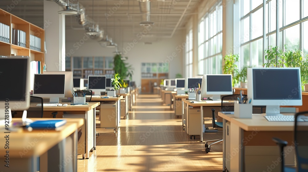 A bright open office with rows of desks, each equipped with computers and personal touches, creating a lively work environment A bright open office with rows of desks, each equipped with computers and personal touches, creating a lively work environment