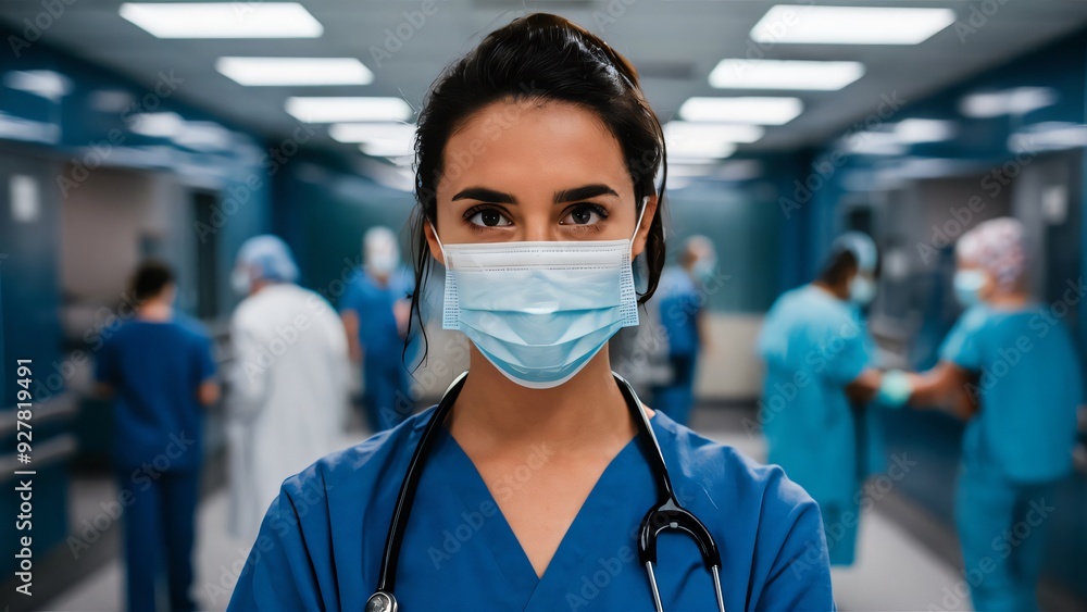 Close up portrait of a female nurse wearing medical protection mask. Young confident woman doctor standing in the hospital Close up portrait of a female nurse wearing medical protection mask. Young confident woman doctor standing in the hospital