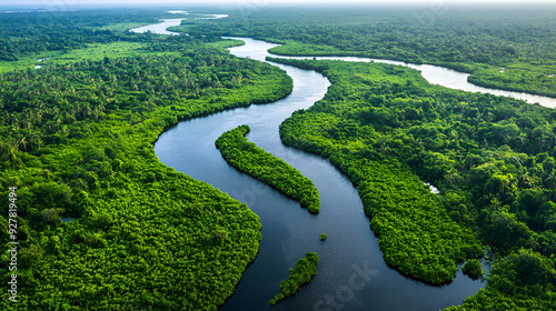 Aerial View of Tidal River Aerial view Polder or Reclaimed Lands, Holland aerial view of a river delta with lush green vegetat, Generative AI 