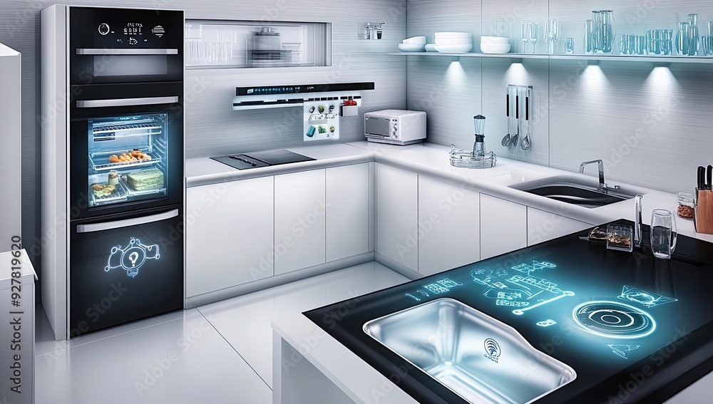 Modern kitchen with futuristic smart features. Modern kitchen with futuristic smart features.