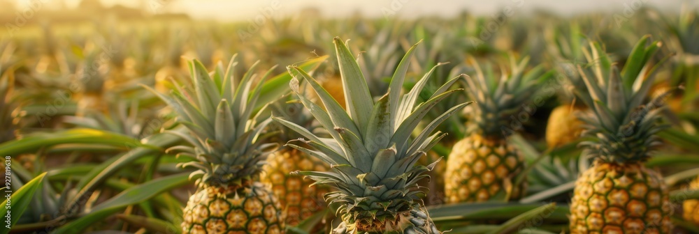 Fresh pineapple fruit growing in plantation field in farm Fresh pineapple fruit growing in plantation field in farm
