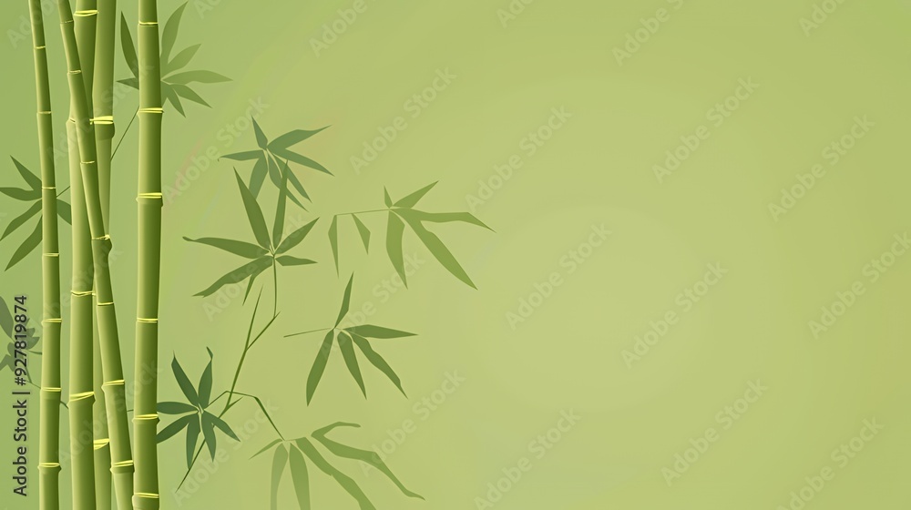 Green bamboo stalks with leaves against a green background. Green bamboo stalks with leaves against a green background.