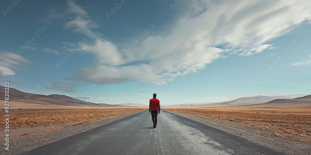 A man walking on empty road in the middle of the desert.
A man walking on empty road in the middle of the desert.