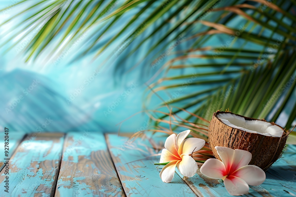 Tropical flowers and a coconut shell on a blue weathered wood table with palm leaves in the background. Tropical flowers and a coconut shell on a blue weathered wood table with palm leaves in the background.