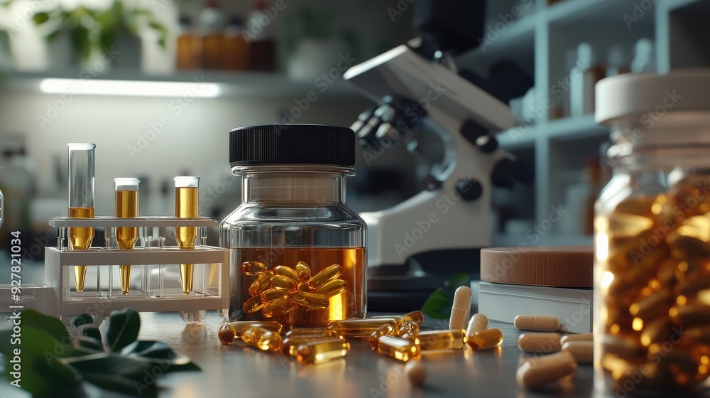 In a modern lab, researchers work with vials and capsules to create new pharmaceutical compounds In a modern lab, researchers work with vials and capsules to create new pharmaceutical compounds