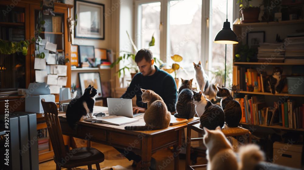 Man trying to work with cats all around, cute distractions
Man trying to work with cats all around, cute distractions