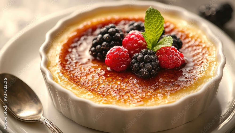 Creamy custard dessert with berries and mint. Creamy custard dessert with berries and mint.
