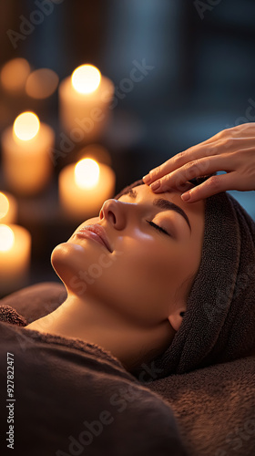 Relaxed young woman with closed eyes lying on massage table in spa salon