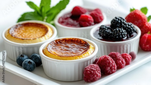 Cream brÃ»lÃ©e, raspberries, blackberries, blueberries, and mint. photo