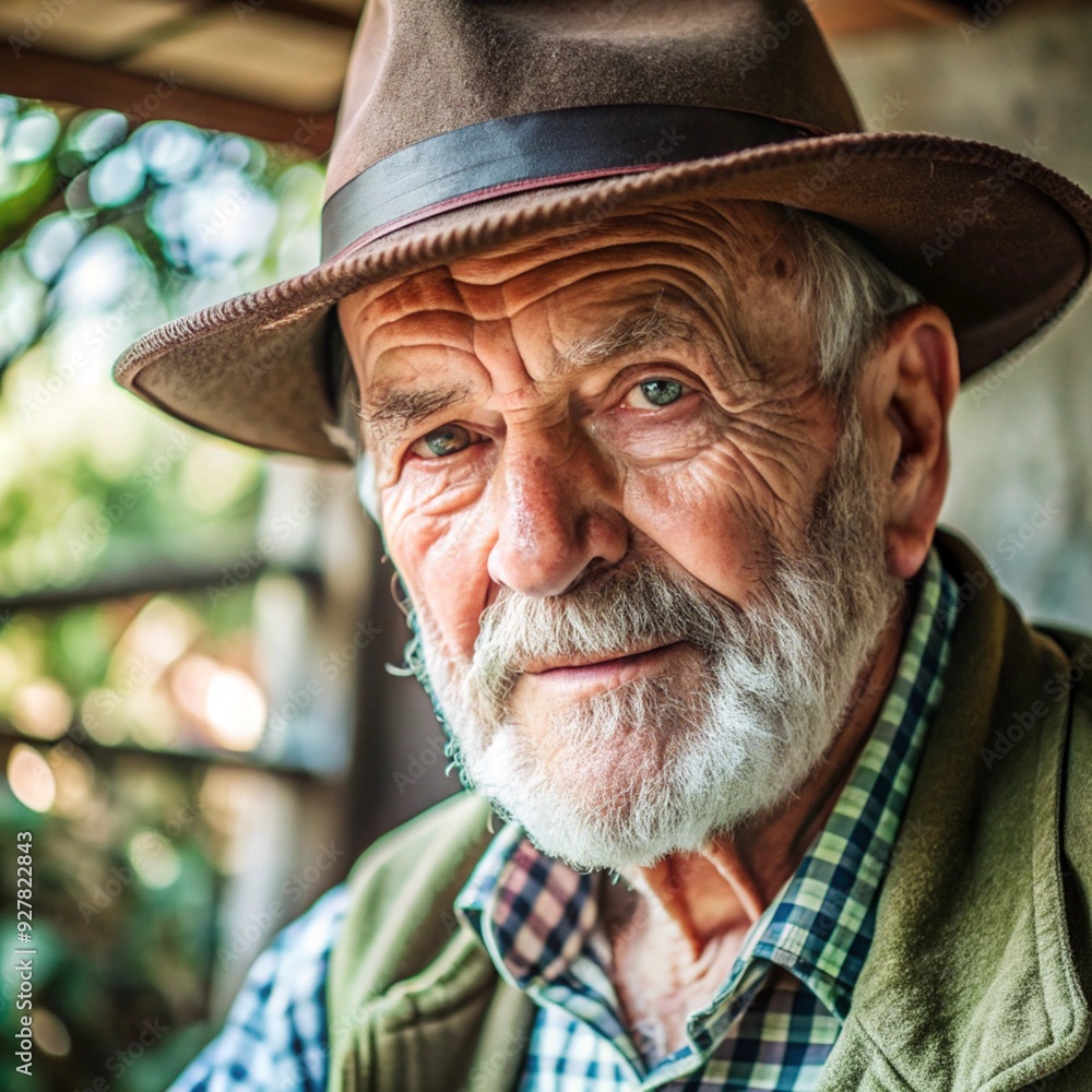 Fototapeta premium Close-up portrait, elderly man with a hat, warm light, rustic setting, wise mood