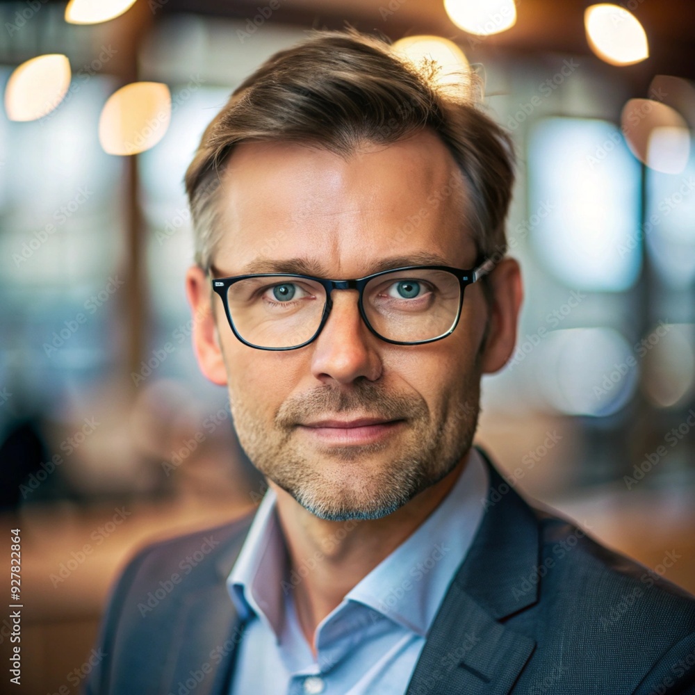 Fototapeta premium Close-up portrait, man with glasses, office setting, soft lighting, intellectual mood