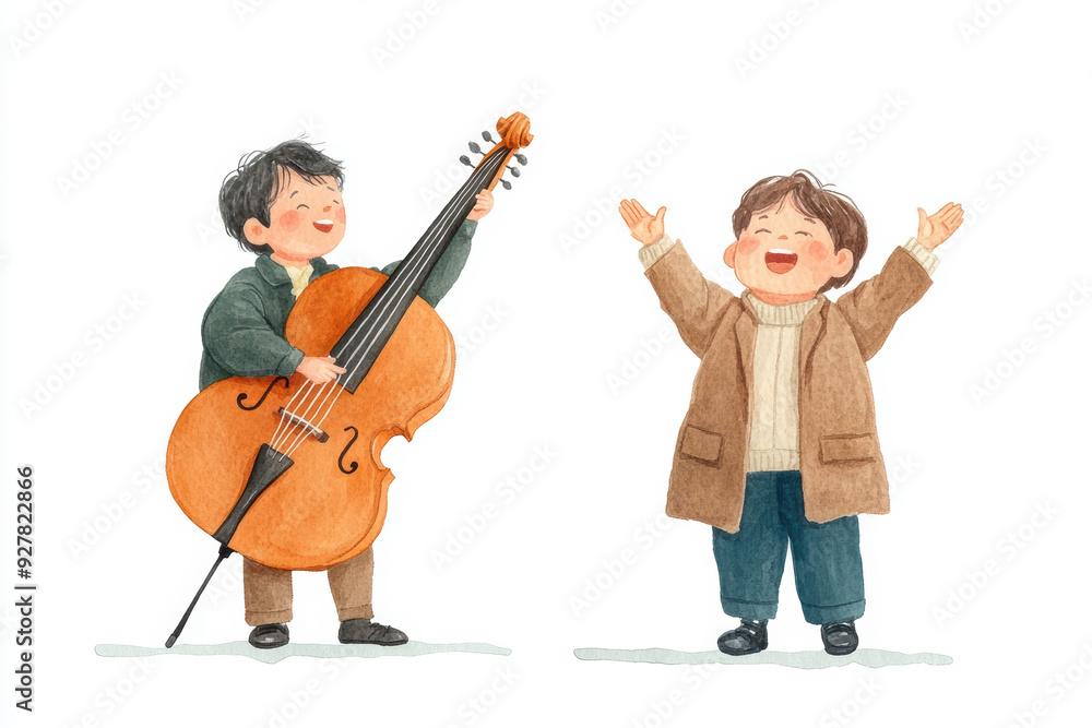 Two joyful children express happiness while playing music together, showcasing creativity and the joy of companionship. watercolor Style Two joyful children express happiness while playing music together, showcasing creativity and the joy of companionship. watercolor Style
