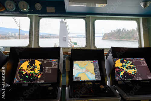 Navigation bridge of cargo vessel entering Vancouver harbour, British Columbia, Canada