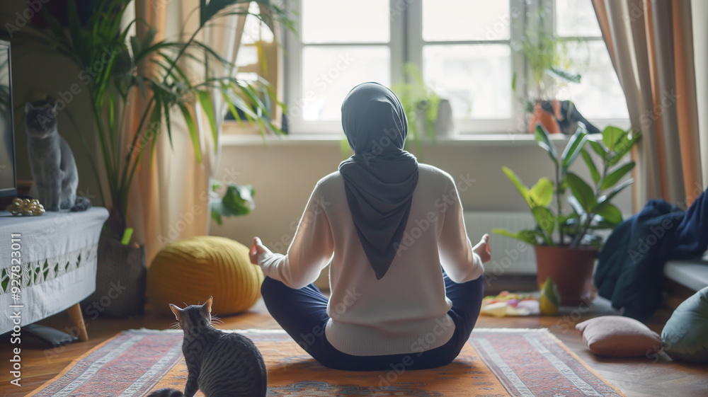 A serene woman in meditation with her furry companions A serene woman in meditation with her furry companions