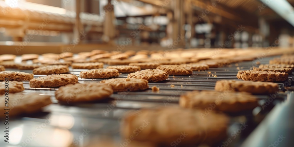Modern bakery cookie production line in a food industry factory with biscuits on a conveyor belt Modern bakery cookie production line in a food industry factory with biscuits on a conveyor belt