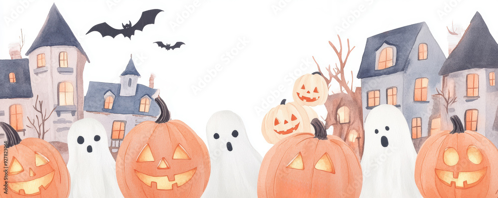 Obraz premium Whimsical Halloween scene with playful ghosts, carved pumpkins, and spooky houses, perfect for festive fall decorations. watercolor Style