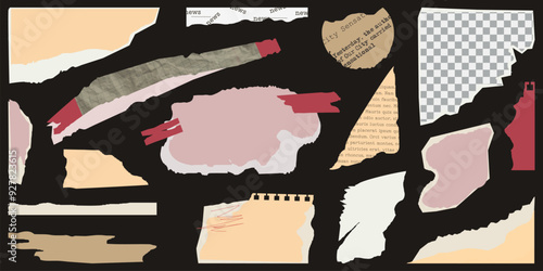 Collage Set elements for scrapbook. Trendy retro vintage paper cut, newspaper, notebook sheet. Old rip torn paper collection. Craft retro gazettes, grunge papers collection. Vector illustration.