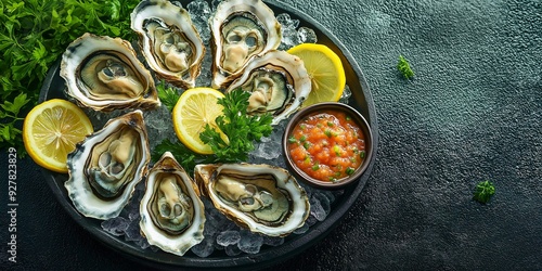 A platter of fresh oysters on ice, garnished with lemon slices and served with a side of mignonette sauce .Image created by AI photo