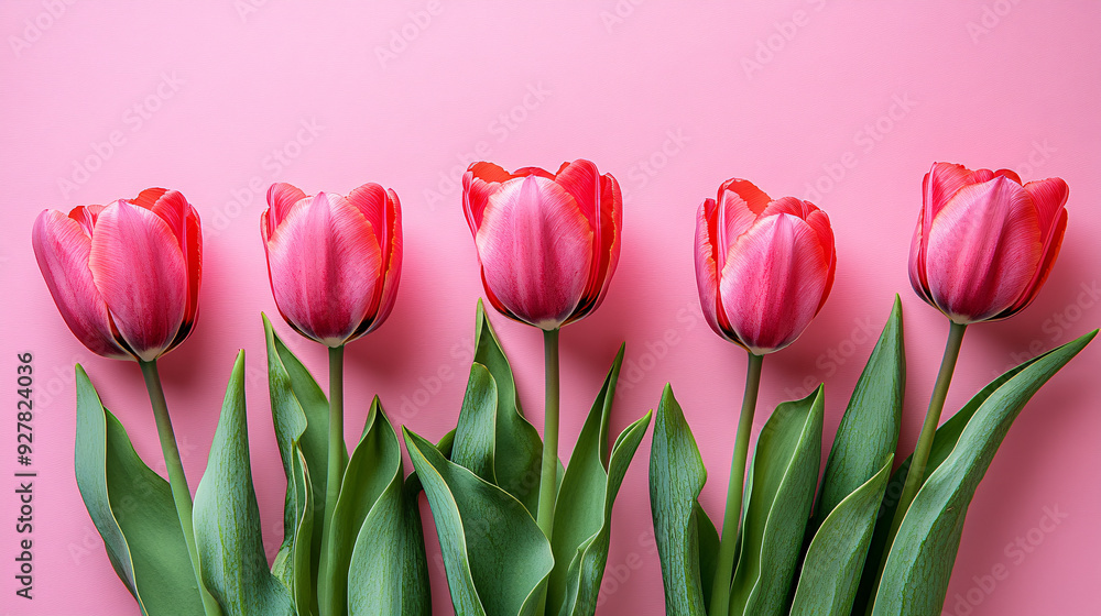 Obraz premium Pink tulips on pink background. Flat lay, top view.