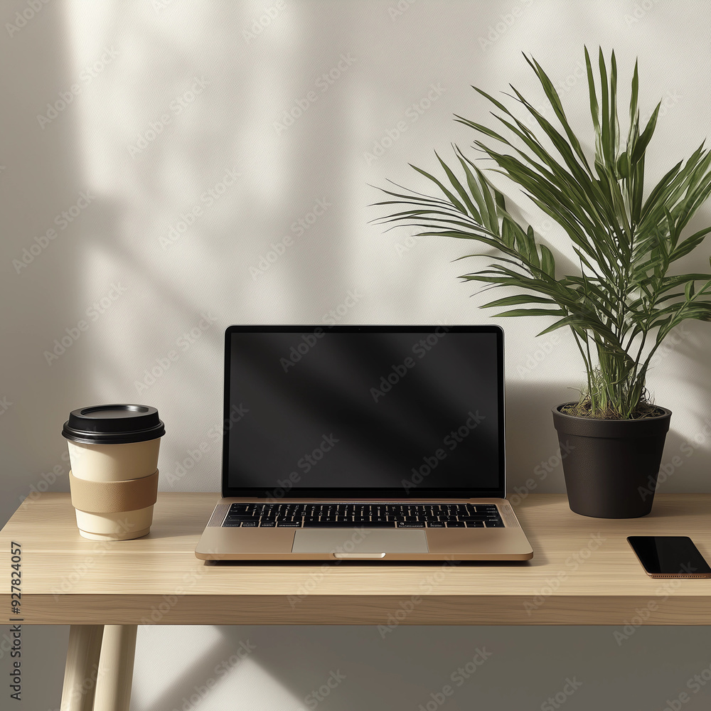 Minimalist workspace with a laptop, coffee cup, smartphone, and potted plant on a wooden desk, set against a neutral wall with shadow patterns. Minimalist workspace with a laptop, coffee cup, smartphone, and potted plant on a wooden desk, set against a neutral wall with shadow patterns.