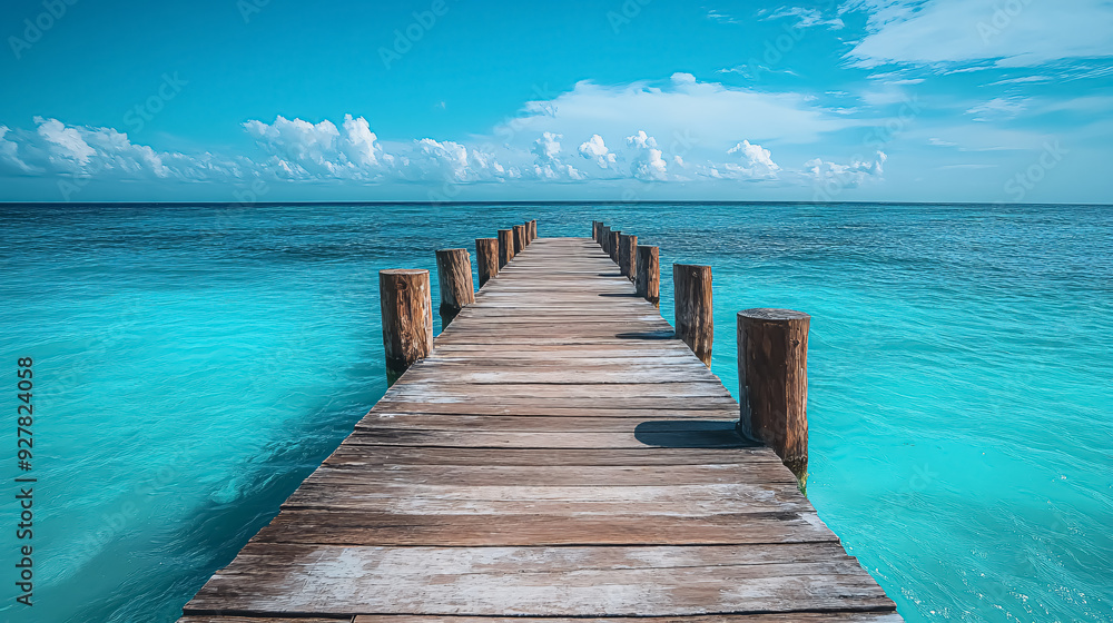 Obraz premium Wooden jetty in the tropical sea with blue sky background.