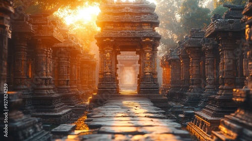 Ancient Temple Pathway at Sunrise