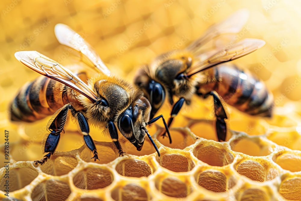 Close-Up of Bees Collecting Nectar on a Honeycomb Cell Structure Close-Up of Bees Collecting Nectar on a Honeycomb Cell Structure