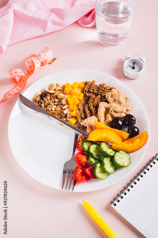 Set of healthy food for individual meal plan on plate on table vertical view