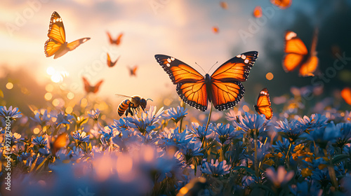 Butterflies and bees on daisies in the rays of the setting sun © VisionalMedia