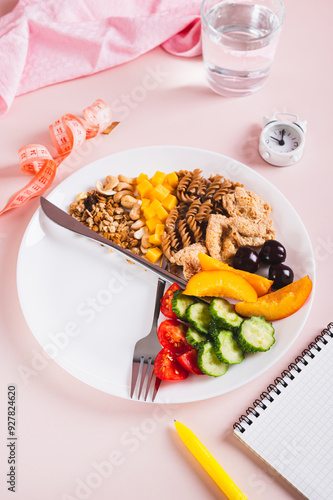 Obraz na płótnie Set of healthy food for individual meal plan on plate on table vertical view w salonie