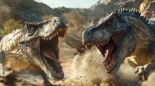 Two Theropods confront each other aggressively, displaying their massive teeth and claws in a dynamic fight within a rocky terrain photo