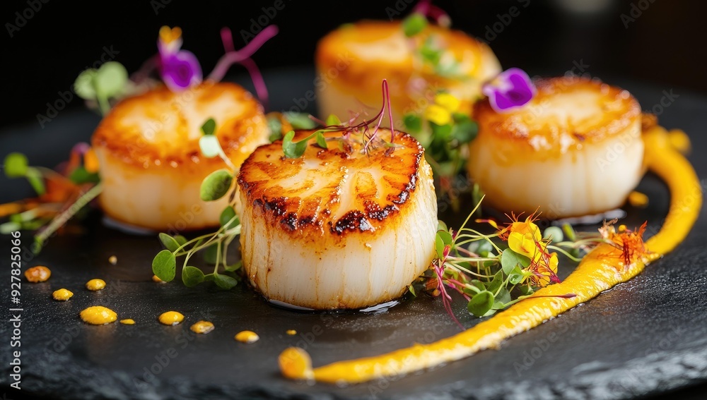 Seared scallops, sauce, and edible flowers on a black plate. Seared scallops, sauce, and edible flowers on a black plate.