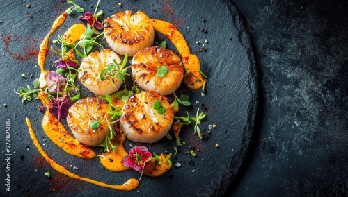 Grilled scallops with sauce, herbs, and flowers on a slate