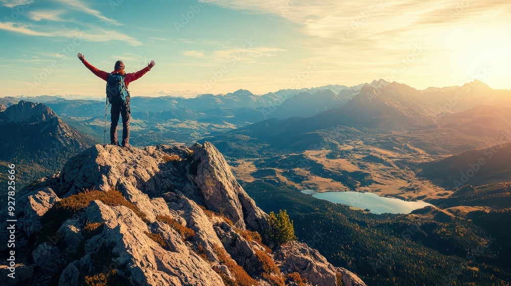 A breathtaking view from the mountain top, overlooking vast valleys, forests, and lakes. A single tourist stands at the peak with arms raised in triumph, wearing trekking gear and a backpack. A breathtaking view from the mountain top, overlooking vast valleys, forests, and lakes. A single tourist stands at the peak with arms raised in triumph, wearing trekking gear and a backpack.
