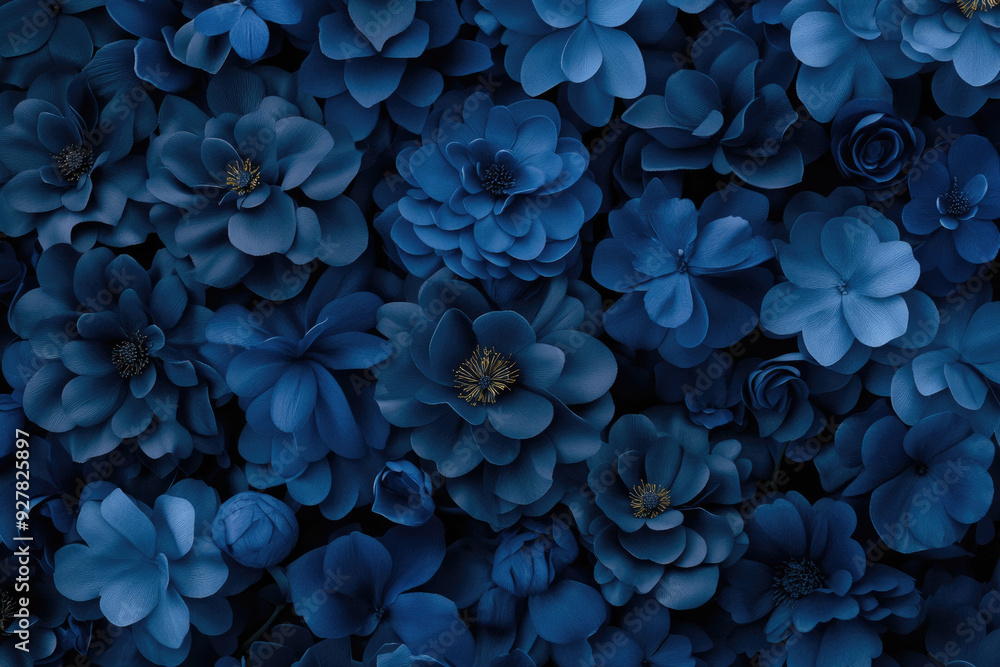 A rich backdrop of deep blue flowers, creating a moody and elegant atmosphere. A rich backdrop of deep blue flowers, creating a moody and elegant atmosphere.